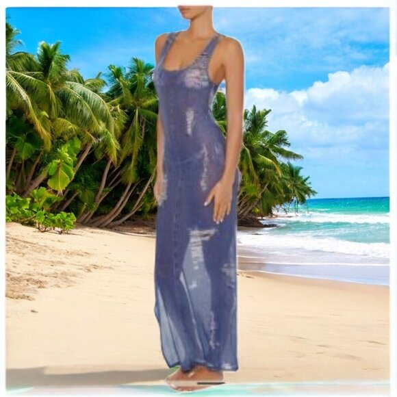NEW!!! BLUE DENIM SWIM COVER-UP MAXI DRESS - FOREVER 21 - SIZE L - Picture 1 of 4